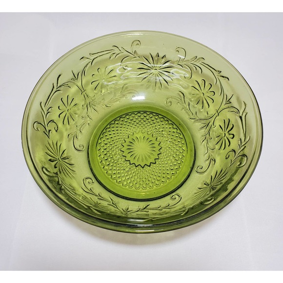 Vintage FTD Avocado Raised Green Floral Glass Serving Bowl - Picture 2 of 3